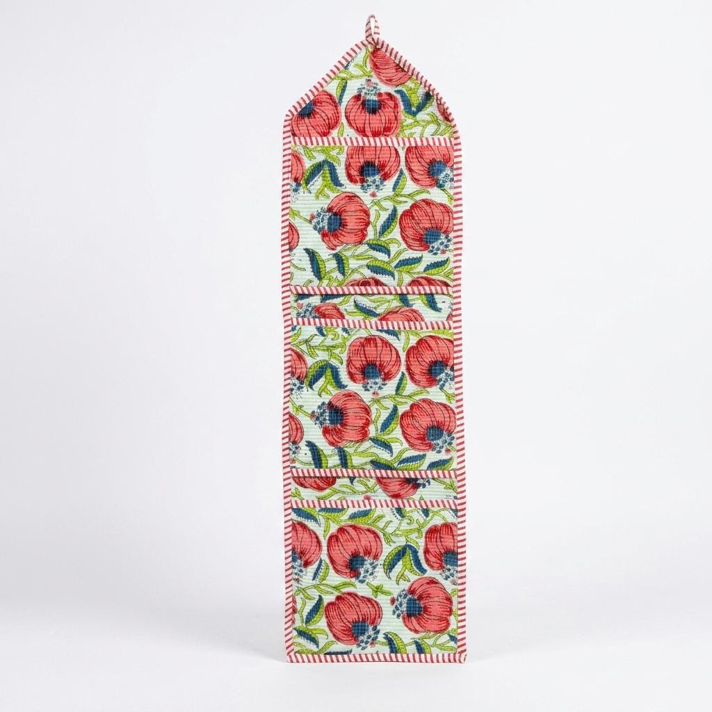 Red Peony Quilted Wall Hanging Organizer, Handcrafted Cotton Pocket Storage, Patterned Office Home Utility