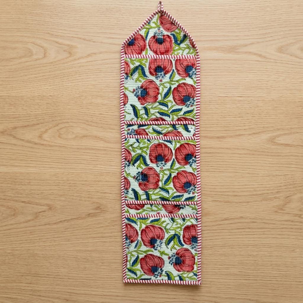 Red Peony Quilted Wall Hanging Organizer, Handcrafted Cotton Pocket Storage, Patterned Office Home Utility