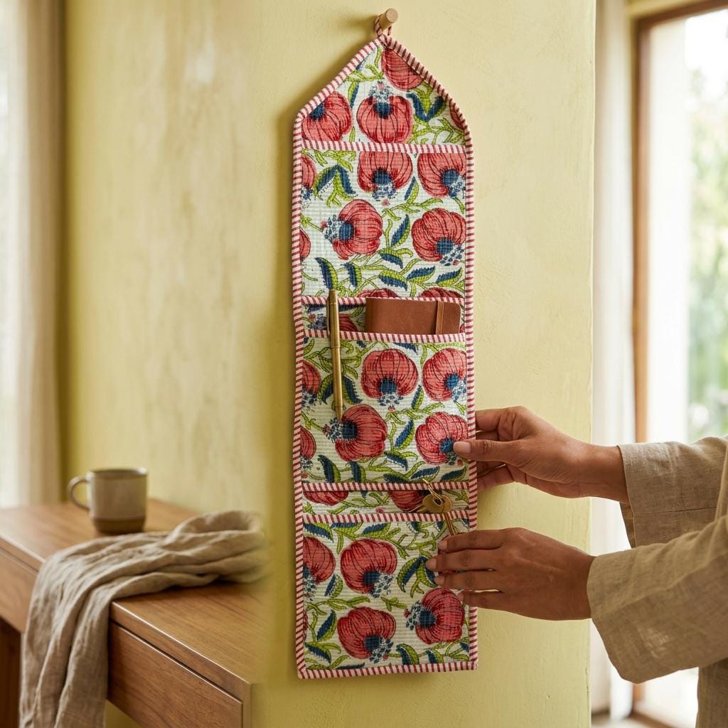 Red Peony Quilted Wall Hanging Organizer, Handcrafted Cotton Pocket Storage, Patterned Office Home Utility