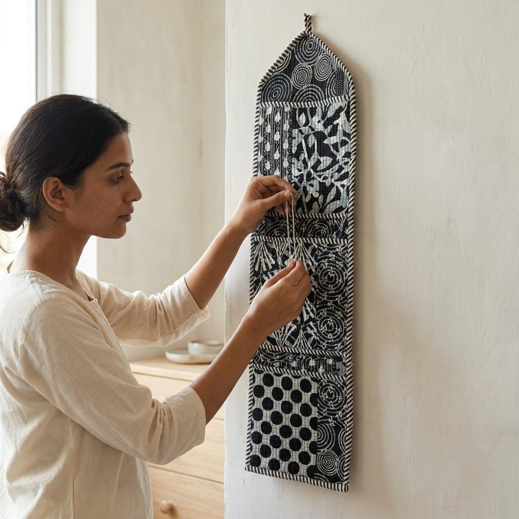 Black Patchwork Quilted Wall Hanging Organizer, Handcrafted Cotton Pocket Storage, Patterned Office Home Utility