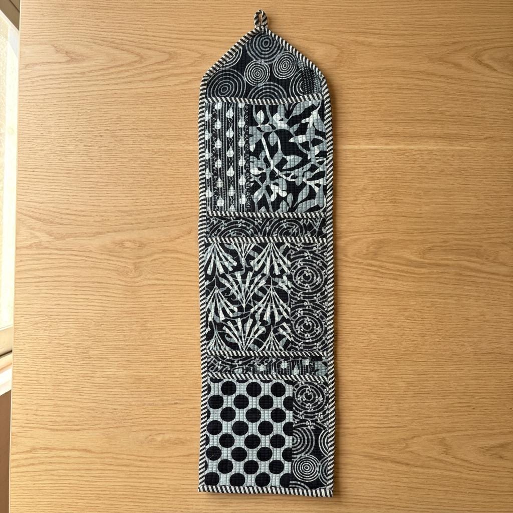 Black Patchwork Quilted Wall Hanging Organizer, Handcrafted Cotton Pocket Storage, Patterned Office Home Utility
