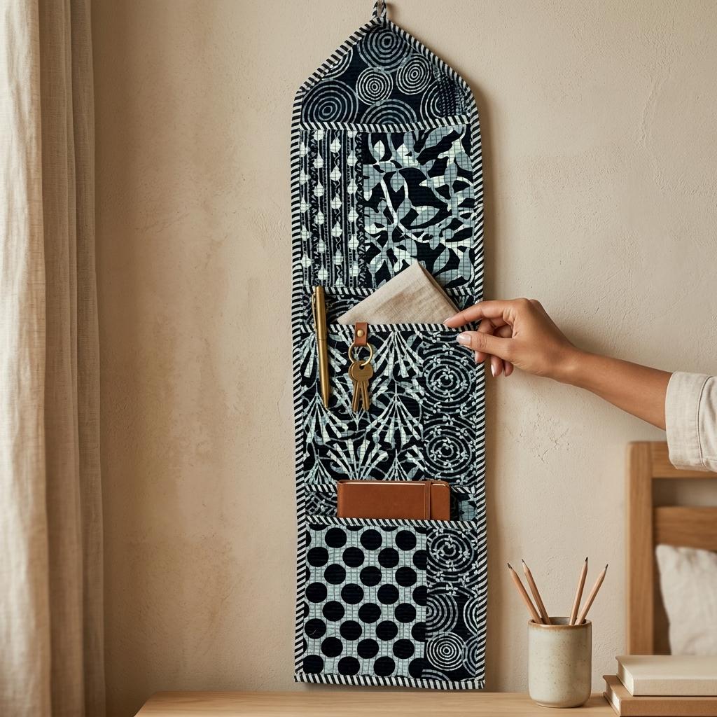 Black Patchwork Quilted Wall Hanging Organizer, Handcrafted Cotton Pocket Storage, Patterned Office Home Utility
