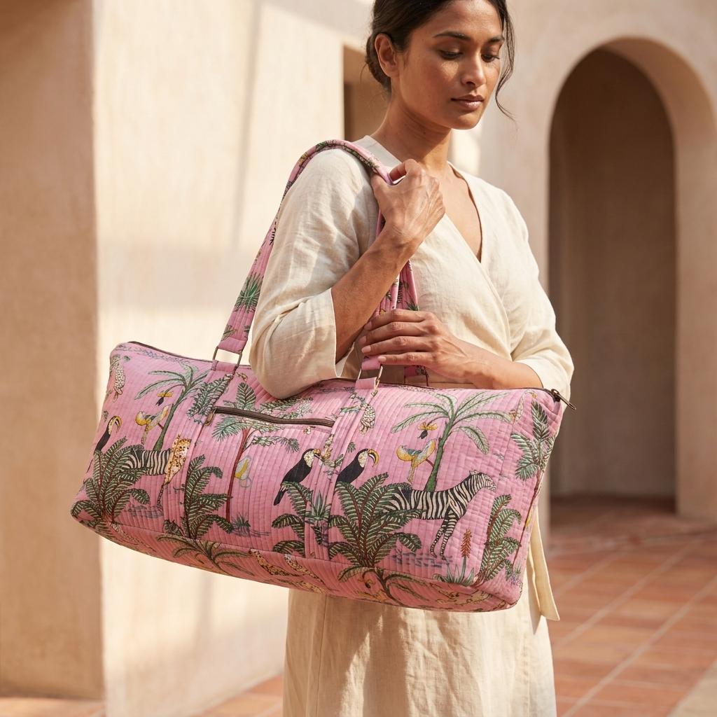 Pink Zebra Quilted Cotton Yoga Mat Bag, Handcrafted Shoulder Carrier, Leopard Fitness Tote