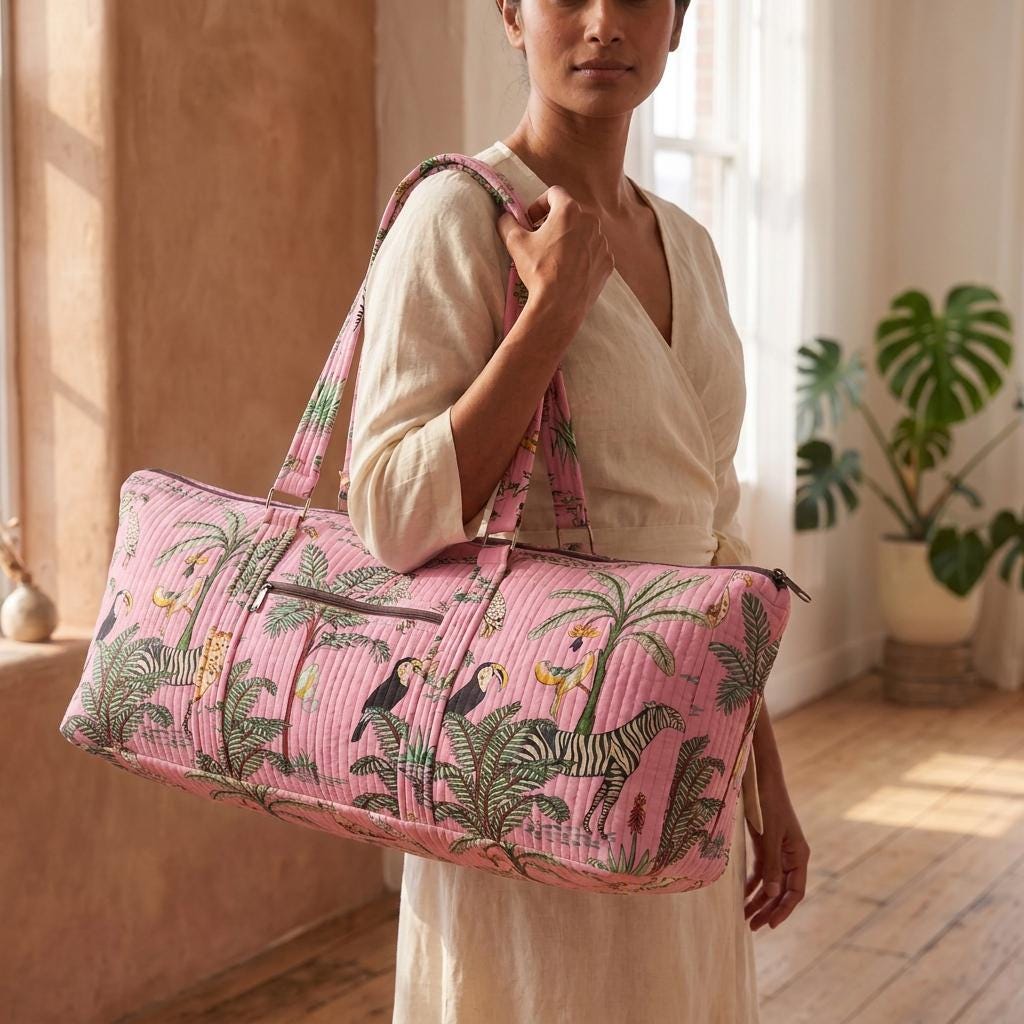 Pink Zebra Quilted Cotton Yoga Mat Bag, Handcrafted Shoulder Carrier, Leopard Fitness Tote