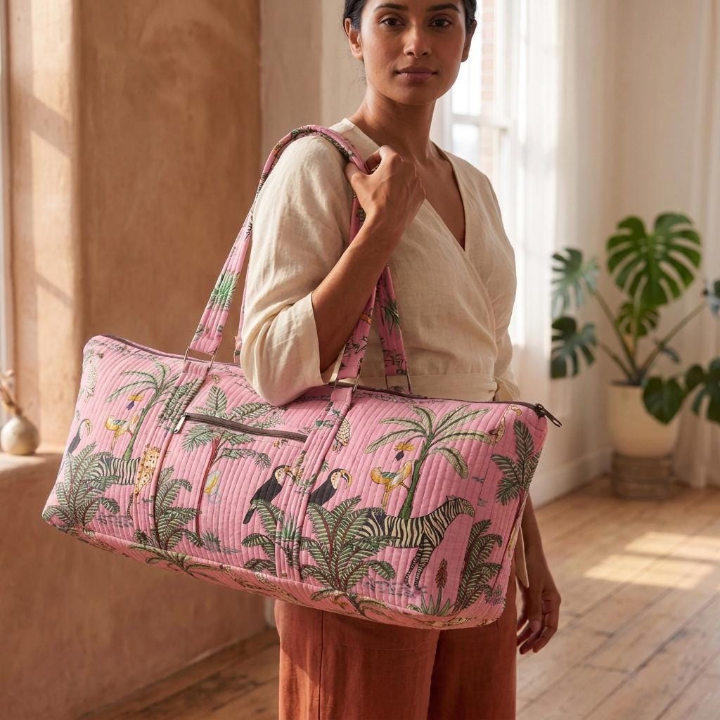 Pink Zebra Quilted Cotton Yoga Mat Bag, Handcrafted Shoulder Carrier, Leopard Fitness Tote