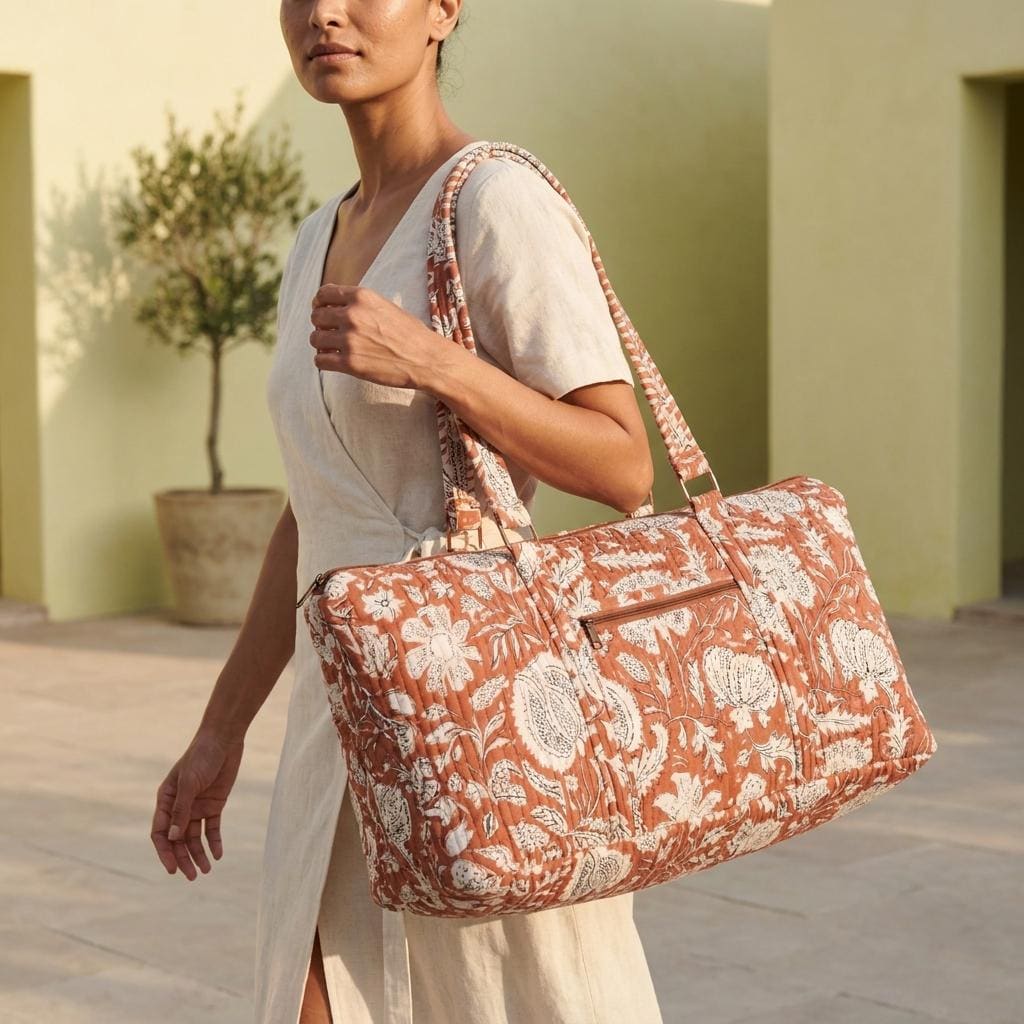 Quilted Cotton Yoga Mat Bag, Handcrafted Shoulder Carrier, Terracotta Floral Fitness Tote