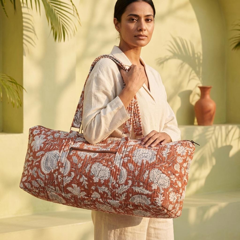 Quilted Cotton Yoga Mat Bag, Handcrafted Shoulder Carrier, Terracotta Floral Fitness Tote