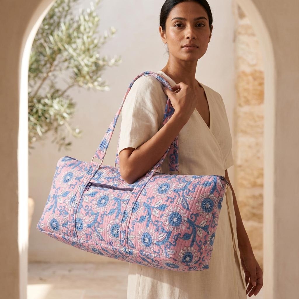 Pink Floral Quilted Cotton Yoga Mat Bag, Handcrafted Shoulder Carrier, Blue Patterned Fitness Tote