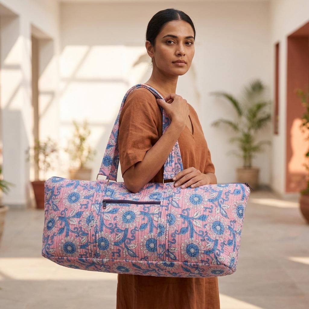 Pink Floral Quilted Cotton Yoga Mat Bag, Handcrafted Shoulder Carrier, Blue Patterned Fitness Tote
