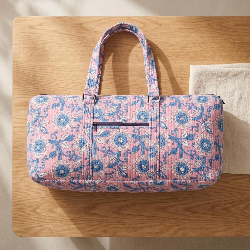 Pink Floral Quilted Cotton Yoga Mat Bag, Handcrafted Shoulder Carrier, Blue Patterned Fitness Tote