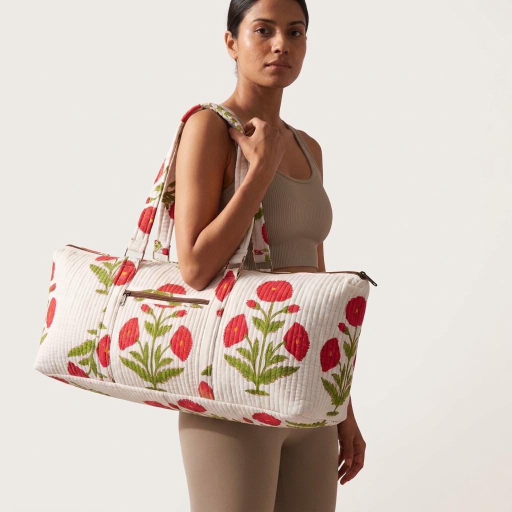 Red Floral Quilted Cotton Yoga Mat Bag, Handcrafted Shoulder Carrier, White Patterned Fitness Tote