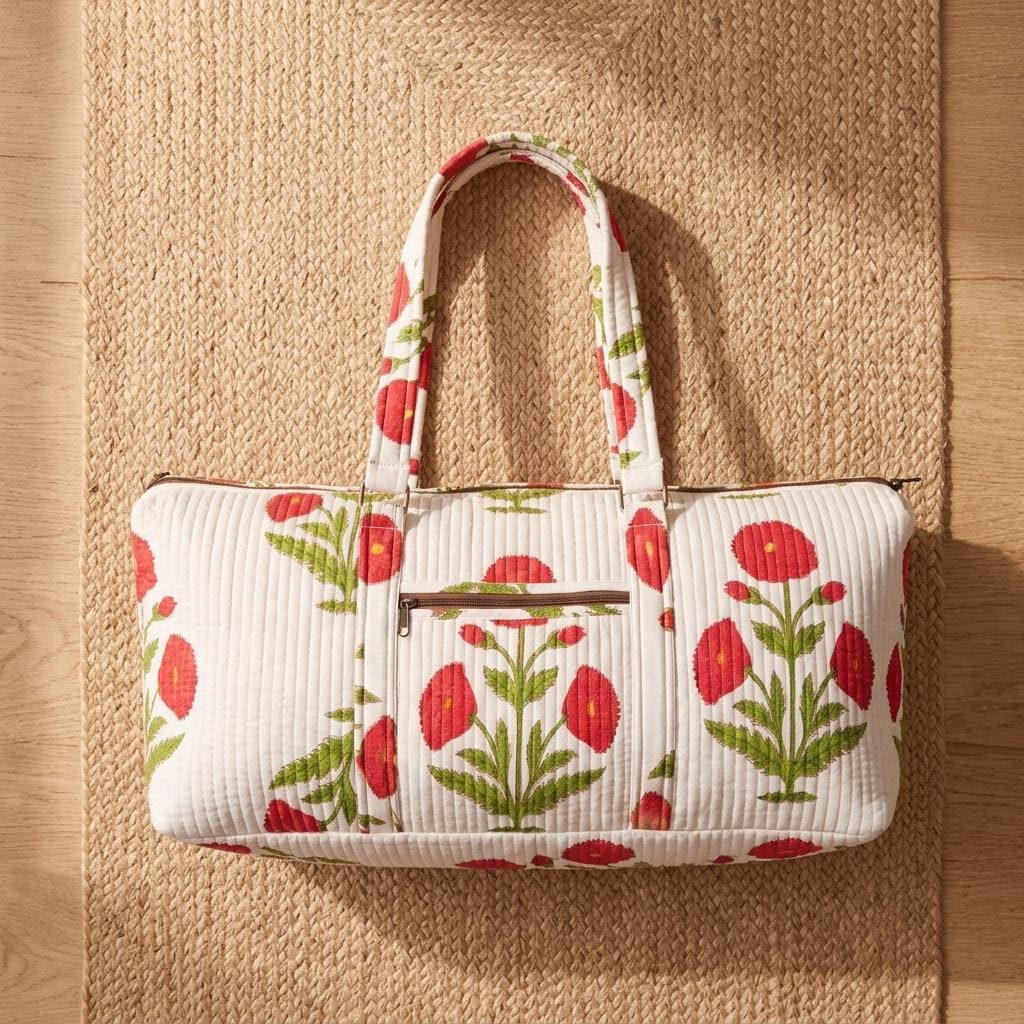 Red Floral Quilted Cotton Yoga Mat Bag, Handcrafted Shoulder Carrier, White Patterned Fitness Tote