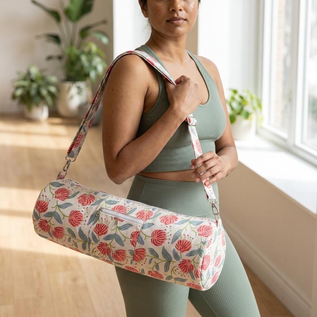 Red Peony Quilted Cotton Yoga Mat Bag, Handcrafted Crossbody Carrier, Blue Patterned Fitness Tote