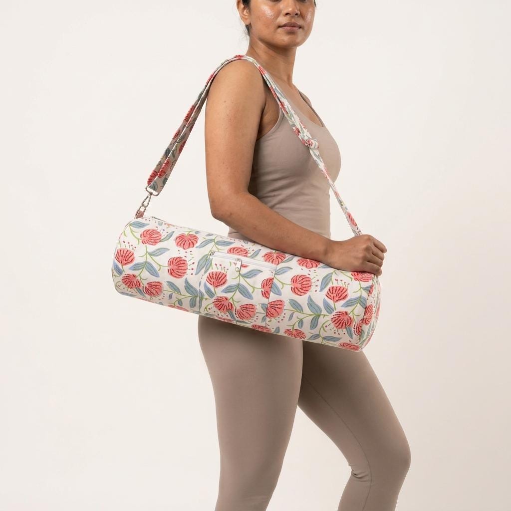 Red Peony Quilted Cotton Yoga Mat Bag, Handcrafted Crossbody Carrier, Blue Patterned Fitness Tote