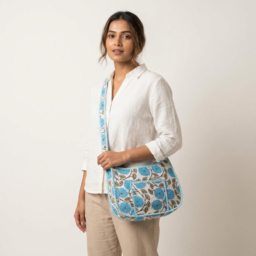 Blue Marigold Quilted Cotton Sling Bag, Handcrafted Crossbody Purse, Striped Travel Floral Messenger