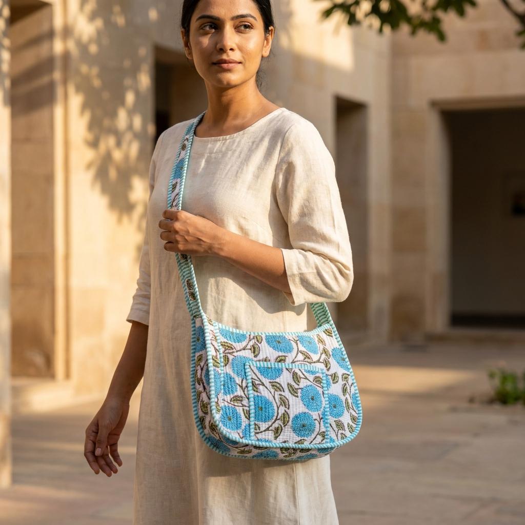 Blue Marigold Quilted Cotton Sling Bag, Handcrafted Crossbody Purse, Striped Travel Floral Messenger
