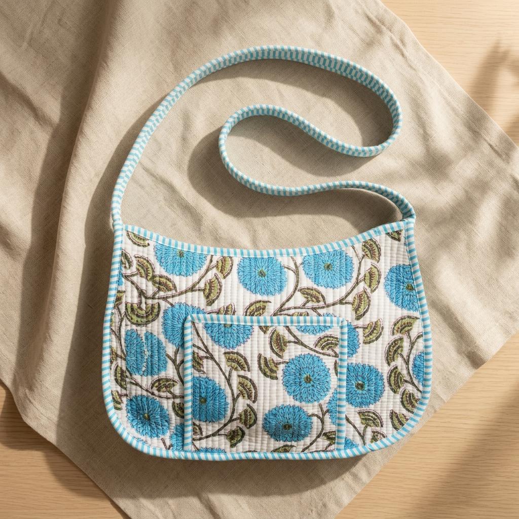Blue Marigold Quilted Cotton Sling Bag, Handcrafted Crossbody Purse, Striped Travel Floral Messenger