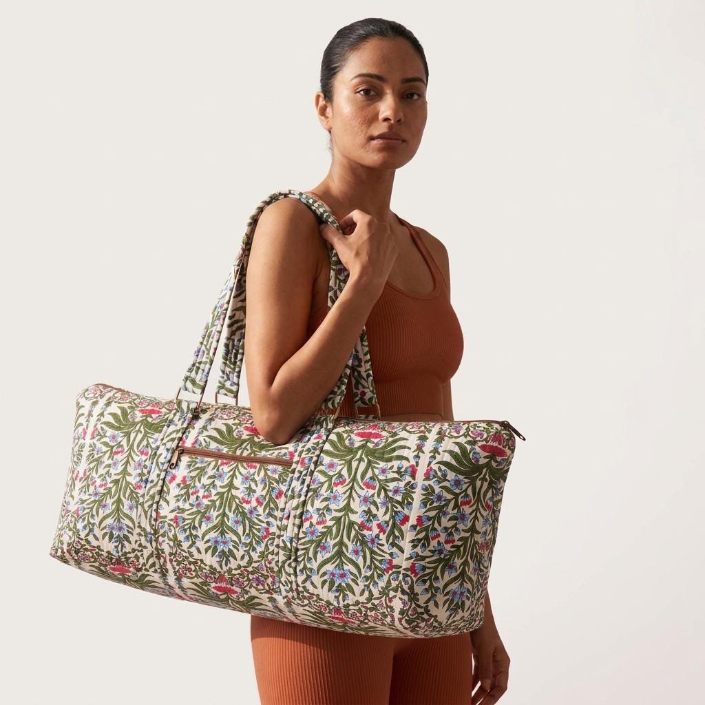 Green Vine Quilted Cotton Yoga Mat Bag, Handcrafted Shoulder Carrier, Blue Floral Fitness Tote