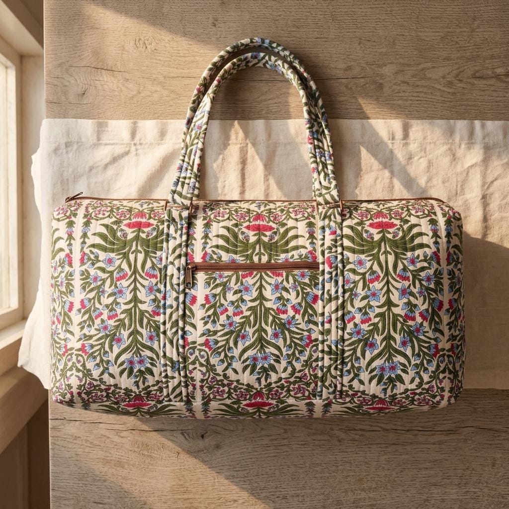 Green Vine Quilted Cotton Yoga Mat Bag, Handcrafted Shoulder Carrier, Blue Floral Fitness Tote