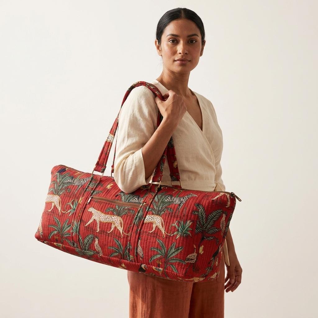 Red Leopard Quilted Cotton Yoga Mat Bag, Handcrafted Shoulder Carrier, Zebra Fitness Tote