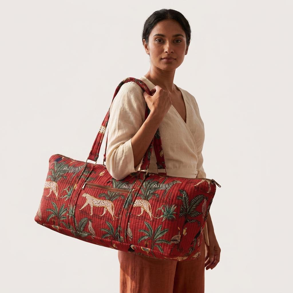 Red Leopard Quilted Cotton Yoga Mat Bag, Handcrafted Shoulder Carrier, Zebra Fitness Tote