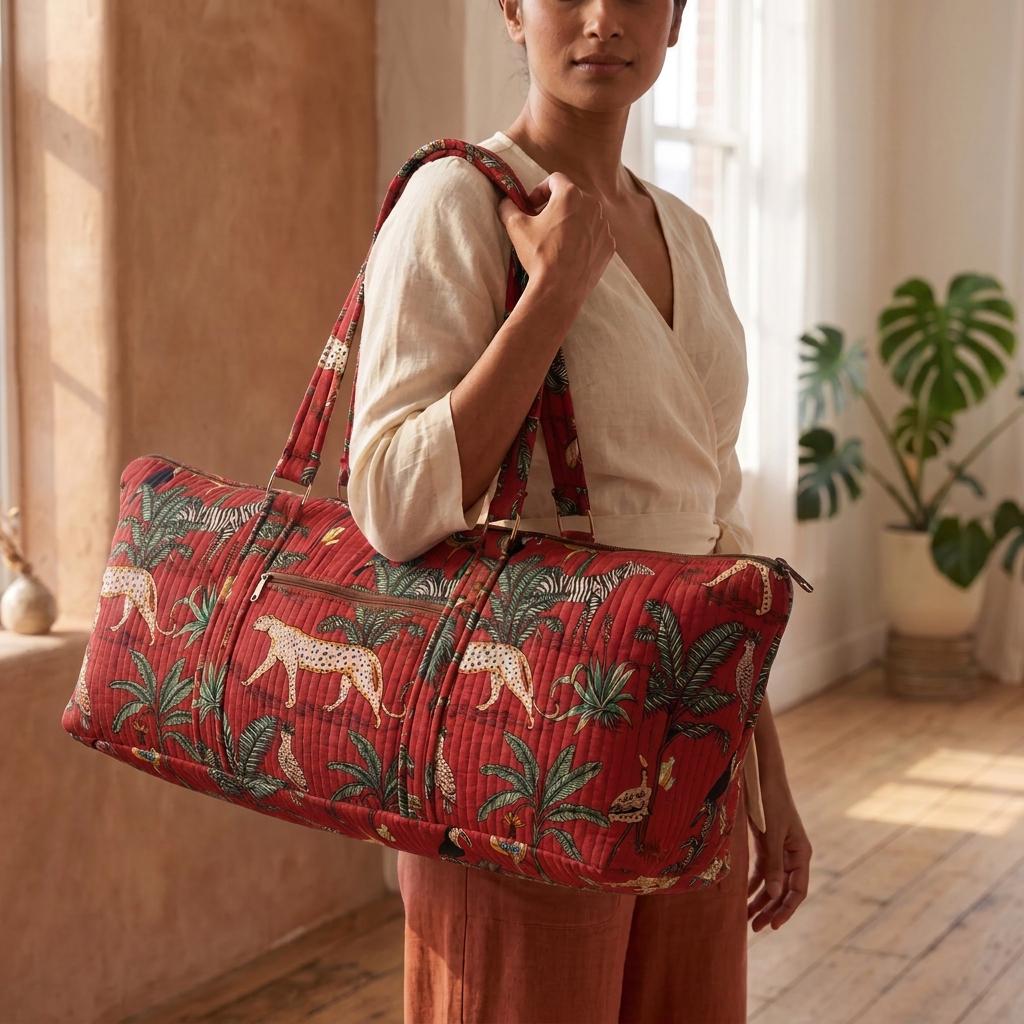 Red Leopard Quilted Cotton Yoga Mat Bag, Handcrafted Shoulder Carrier, Zebra Fitness Tote