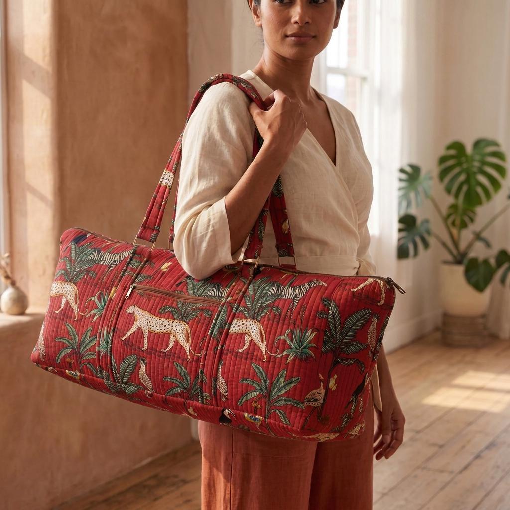 Red Leopard Quilted Cotton Yoga Mat Bag, Handcrafted Shoulder Carrier, Zebra Fitness Tote