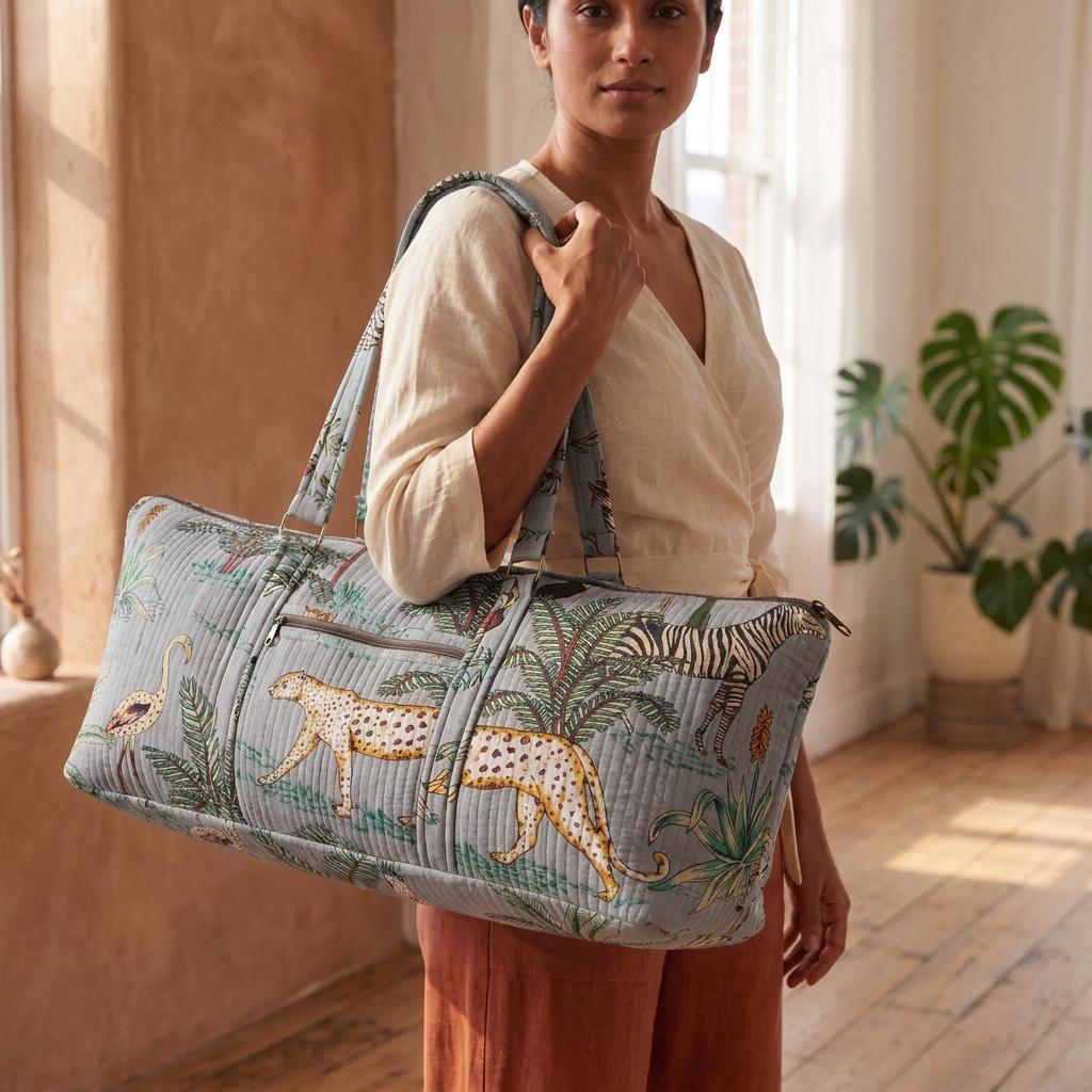 Safari Print Quilted Cotton Yoga Mat Bag, Handcrafted Shoulder Carrier, Grey Patterned Fitness Tote