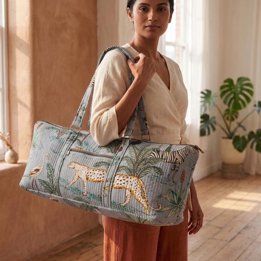 Safari Print Quilted Cotton Yoga Mat Bag, Handcrafted Shoulder Carrier, Grey Patterned Fitness Tote
