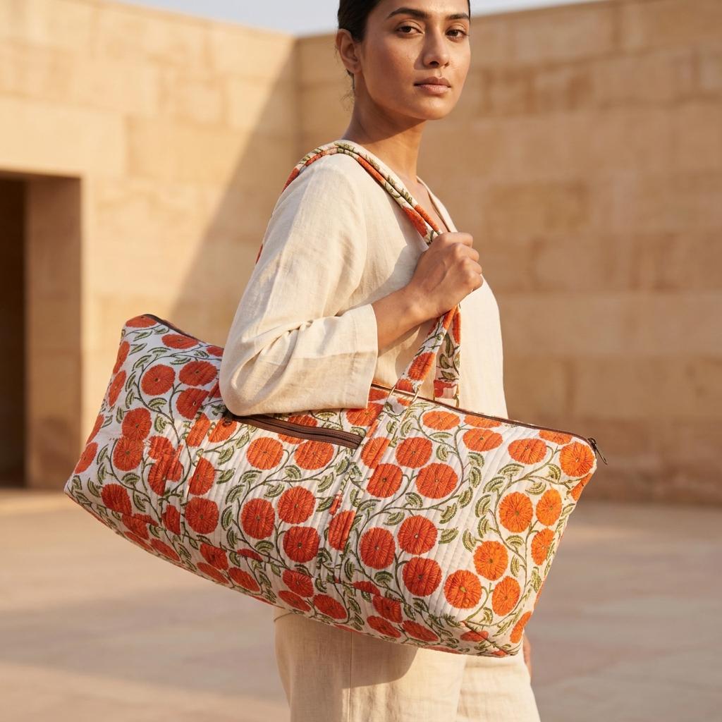 Orange Flower Quilted Cotton Yoga Mat Bag, Handcrafted Shoulder Carrier, White Patterned Fitness Tote