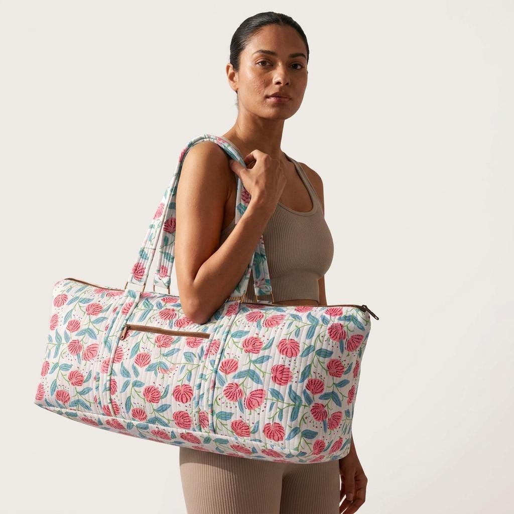 Quilted Floral Weekender Bag - Pink & Blue Block Print Canvas Duffel Bag with Shoulder Strap