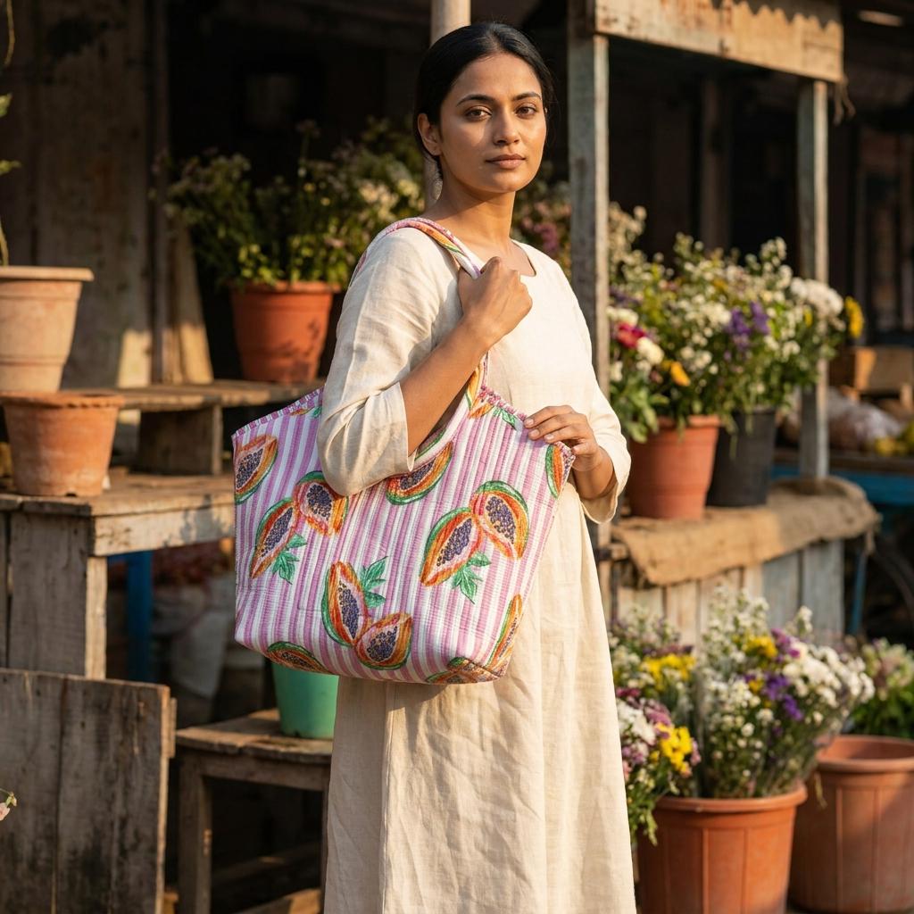 Pink Papaya Quilted Cotton Tote Bag, Handcrafted Scoop Handle Shopper, Striped Fruit Travel Handbag