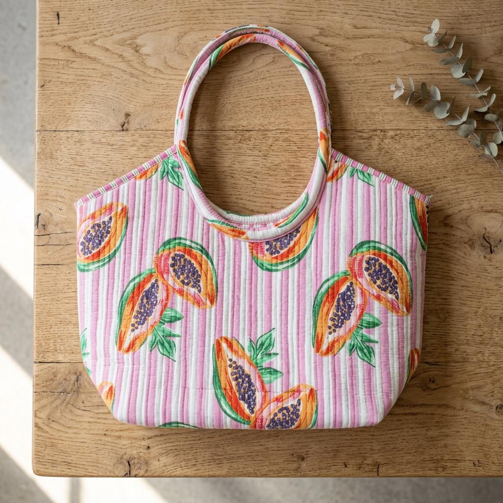 Pink Papaya Quilted Cotton Tote Bag, Handcrafted Scoop Handle Shopper, Striped Fruit Travel Handbag