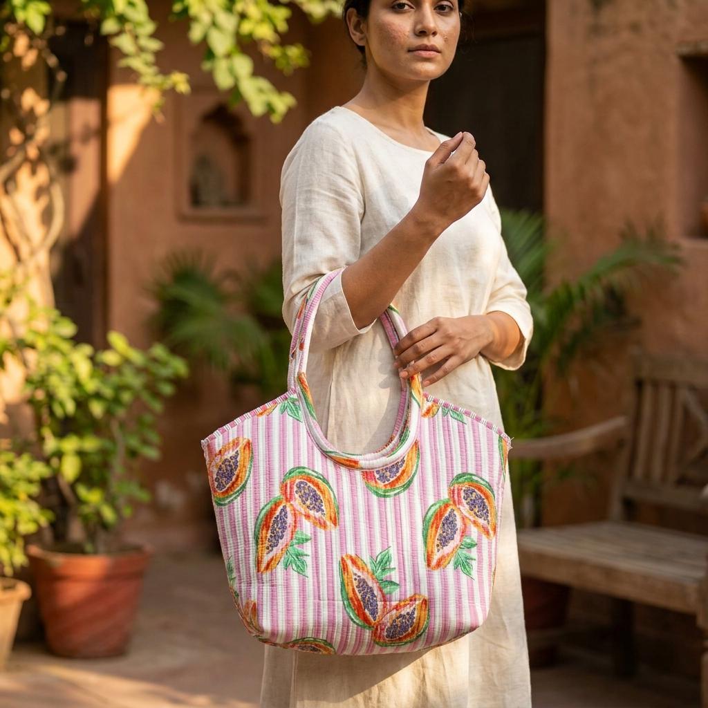 Pink Papaya Quilted Cotton Tote Bag, Handcrafted Scoop Handle Shopper, Striped Fruit Travel Handbag