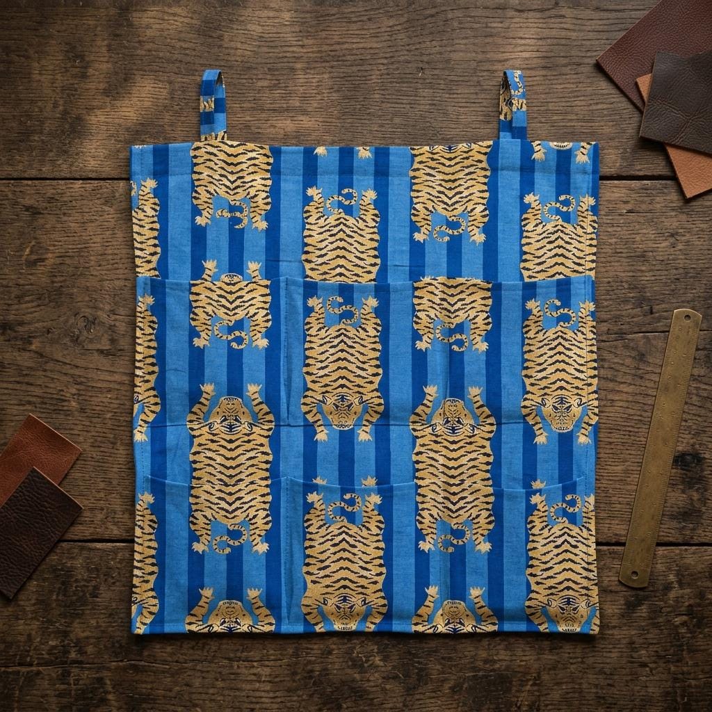 Blue Tiger Quilted Wall Hanging Organizer, Handcrafted Cotton Pocket Storage, Patterned Office Home Utility