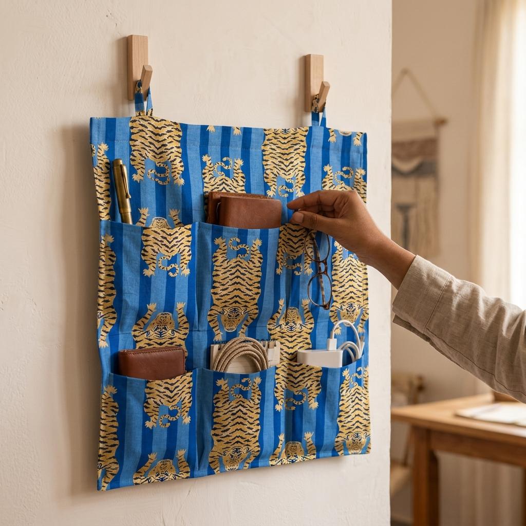 Blue Tiger Quilted Wall Hanging Organizer, Handcrafted Cotton Pocket Storage, Patterned Office Home Utility