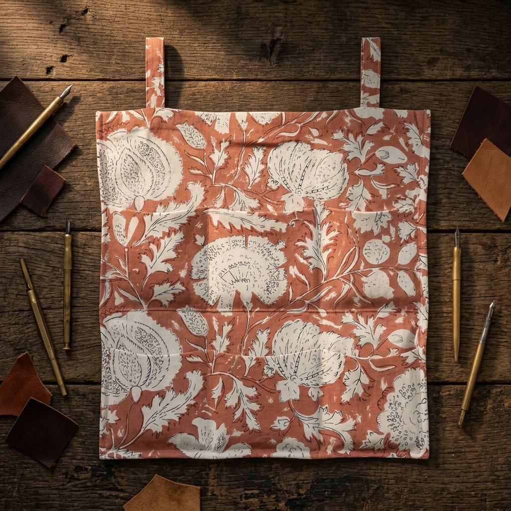 Peach Floral Quilted Wall Hanging Organizer, Handcrafted Cotton Pocket Storage, Kitchen Office Home Utility