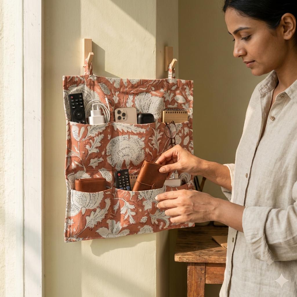 Peach Floral Quilted Wall Hanging Organizer, Handcrafted Cotton Pocket Storage, Kitchen Office Home Utility