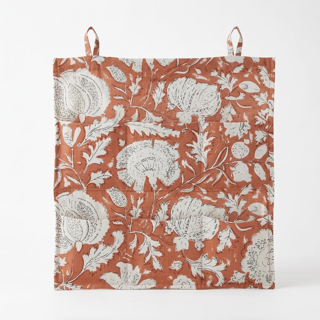 Peach Floral Quilted Wall Hanging Organizer, Handcrafted Cotton Pocket Storage, Kitchen Office Home Utility