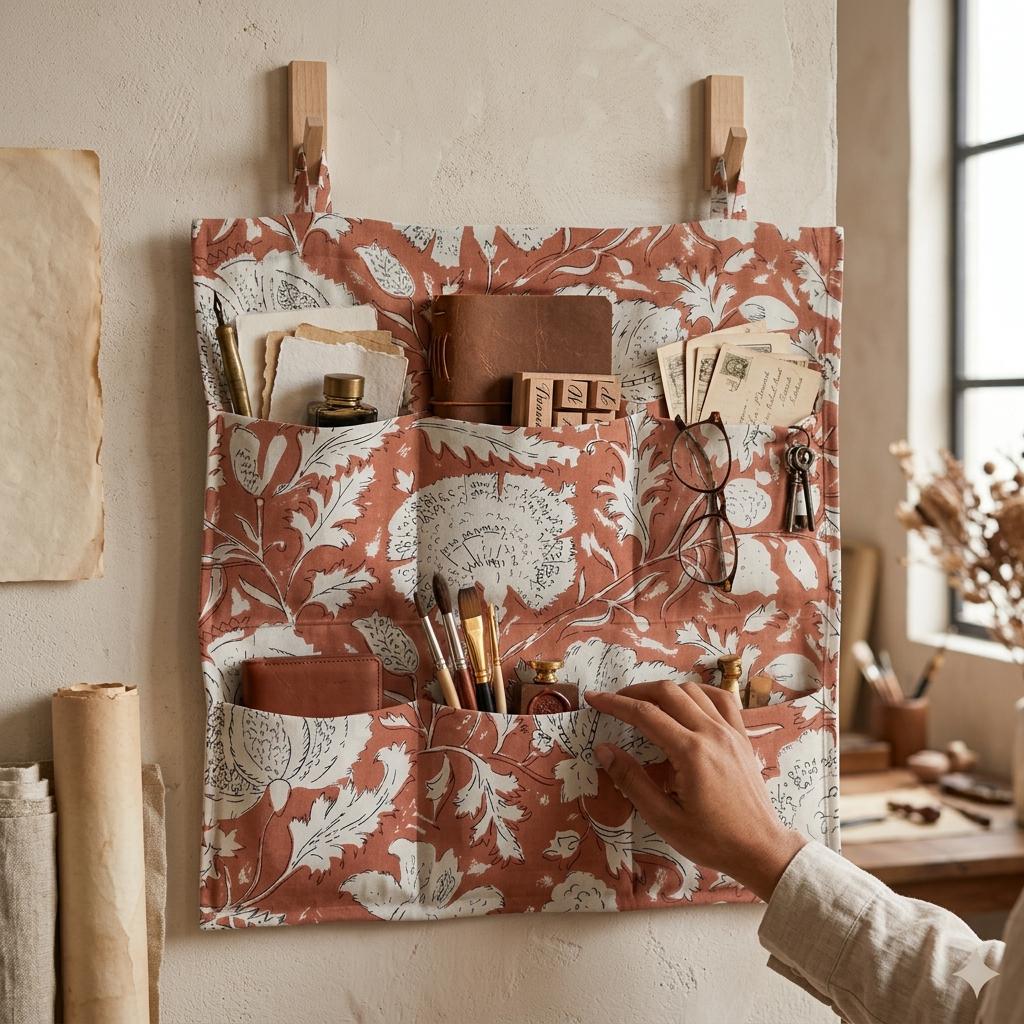 Peach Floral Quilted Wall Hanging Organizer, Handcrafted Cotton Pocket Storage, Kitchen Office Home Utility