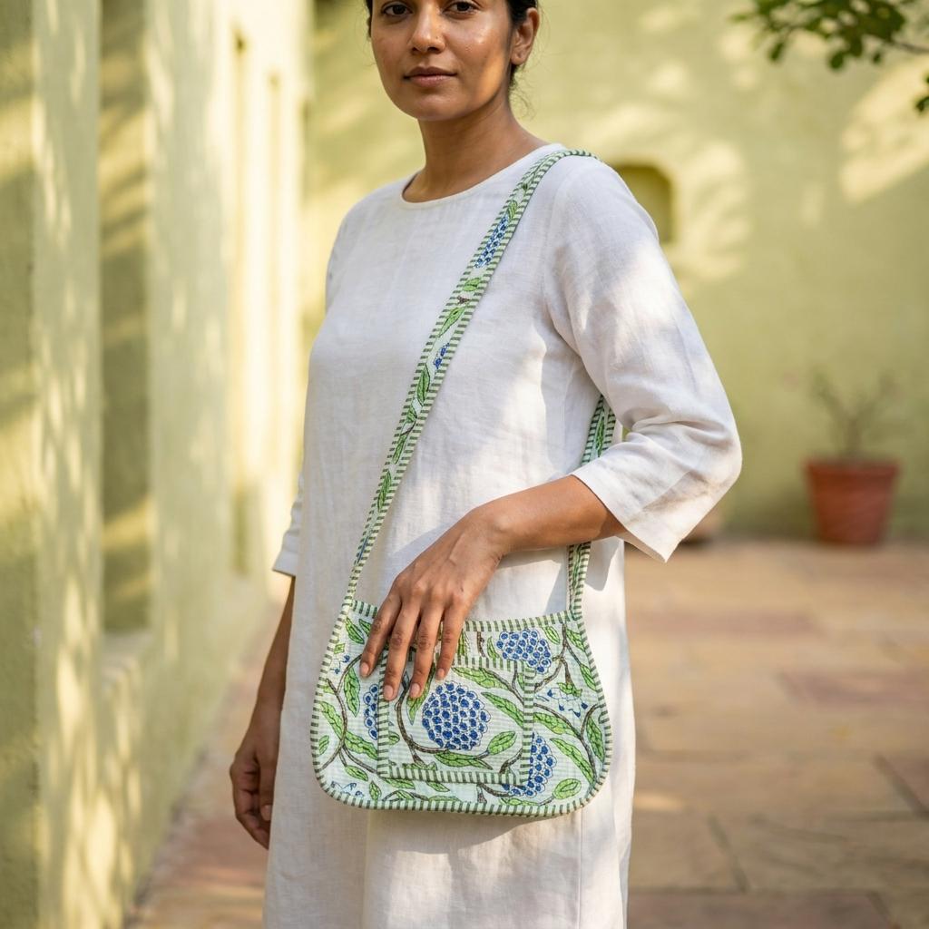 Blue Fruit Flower Quilted Cotton Sling Bag, Handcrafted Crossbody Purse, Green Striped Travel