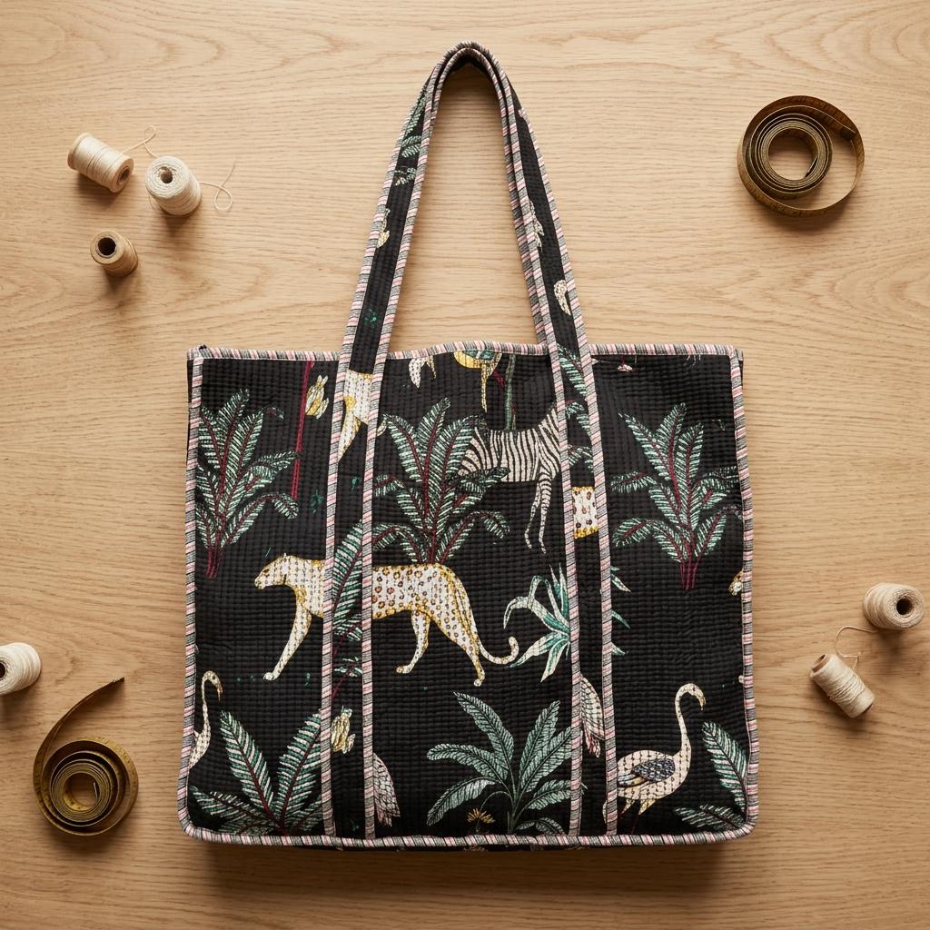 Black Leopard Quilted Cotton Tote Bag, Handcrafted Shoulder Shopper, Zebra Animal Travel Handbag