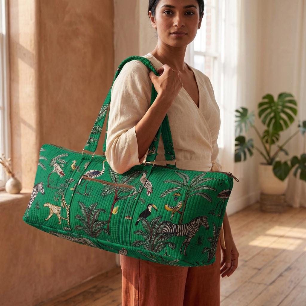 Green Leopard Quilted Cotton Yoga Mat Bag, Handcrafted Shoulder Carrier, Zebra Fitness Tote