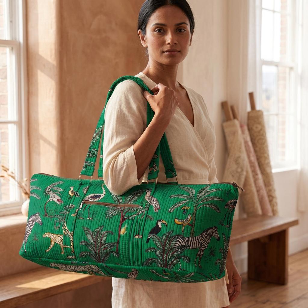 Green Leopard Quilted Cotton Yoga Mat Bag, Handcrafted Shoulder Carrier, Zebra Fitness Tote