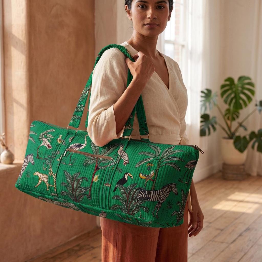 Green Leopard Quilted Cotton Yoga Mat Bag, Handcrafted Shoulder Carrier, Zebra Fitness Tote
