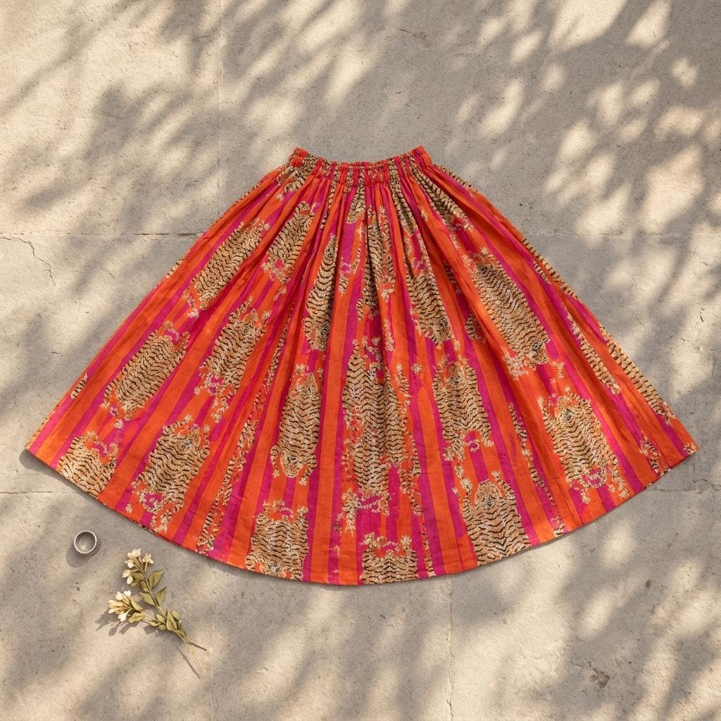 Orange Tiger Cotton Maxi Skirt, Handcrafted Flared Long Dress, Pink Bohemian Animal Apparel