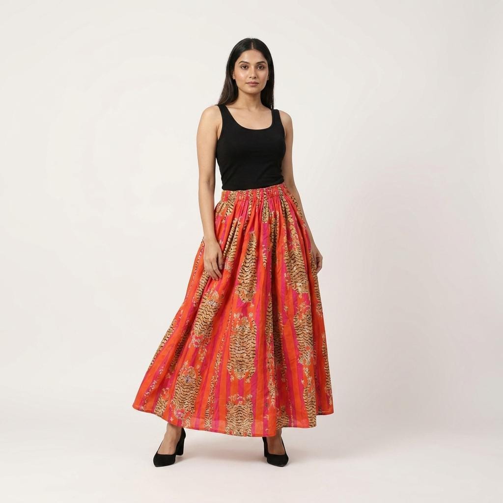 Orange Tiger Cotton Maxi Skirt, Handcrafted Flared Long Dress, Pink Bohemian Animal Apparel