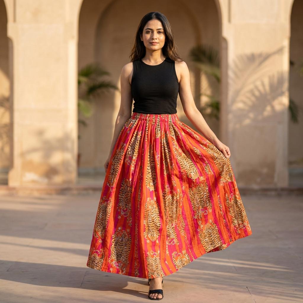 Orange Tiger Cotton Maxi Skirt, Handcrafted Flared Long Dress, Pink Bohemian Animal Apparel