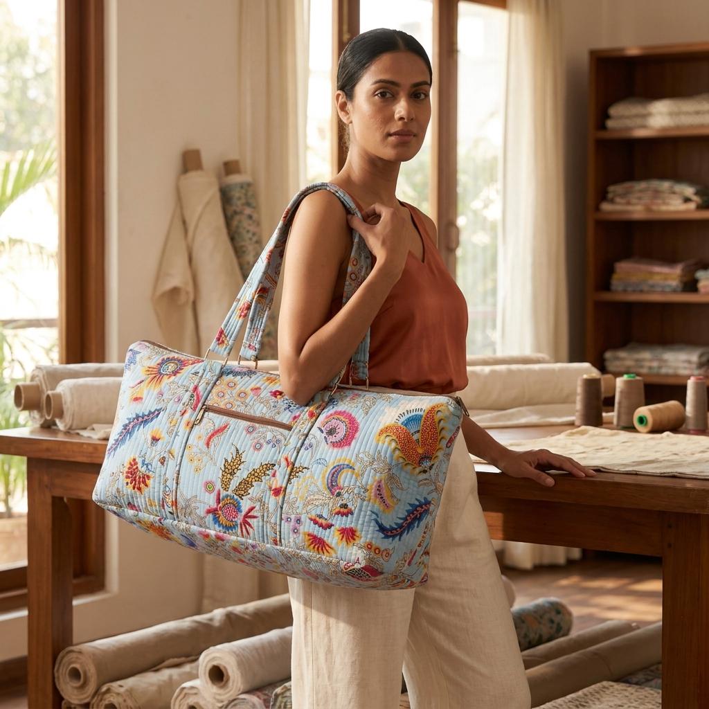 Blue Kalamkari Quilted Cotton Yoga Mat Bag, Handcrafted Shoulder Carrier, Multicolored Floral Fitness Tote