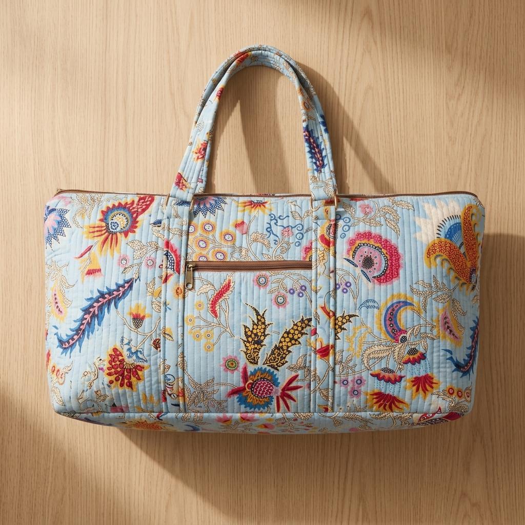 Blue Kalamkari Quilted Cotton Yoga Mat Bag, Handcrafted Shoulder Carrier, Multicolored Floral Fitness Tote